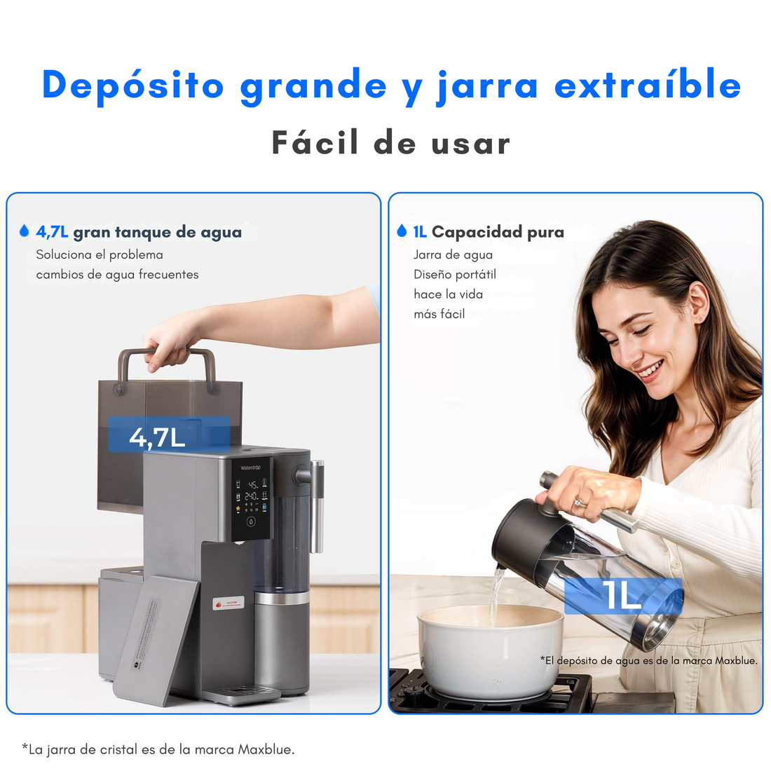 Depósito de 4,7 L y jarra extraíble de 1 L de capacidad pura