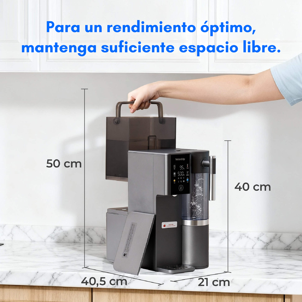 Medidas del Waterdrop A2G: 40,5 cm de ancho, 21 cm de profundidad, 40 cm de alto y 50 cm libres para retirar el depósito
