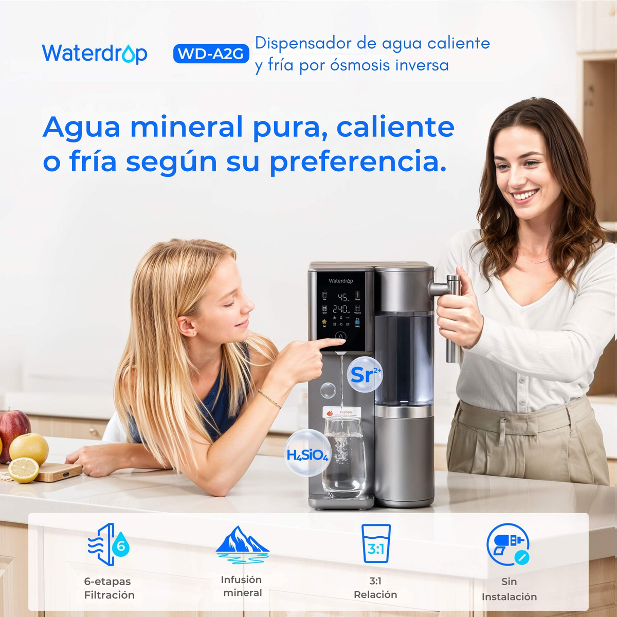 Agua mineral pura, caliente o fría según tu preferencia — 6 etapas de filtración, infusión mineral, relación 3:1, sin instalación