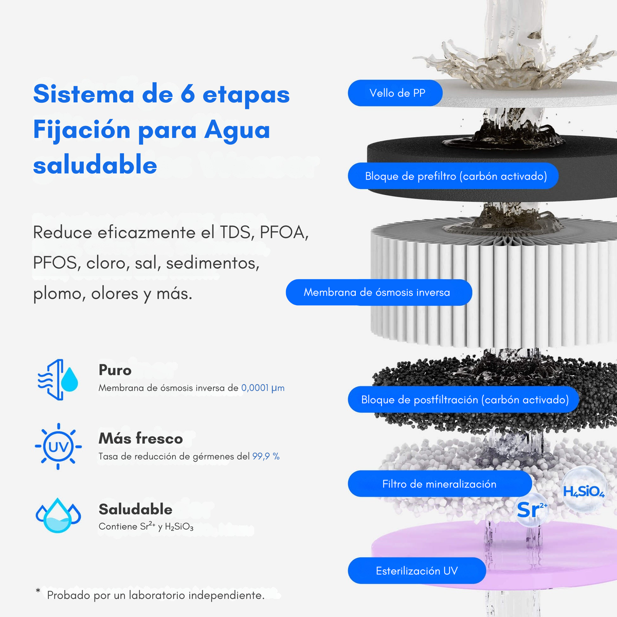 Sistema de 6 etapas: fibra de PP, prefiltro de carbón, membrana RO, postfiltro de carbón, mineralización y esterilización UV